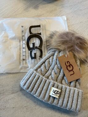 UGG Kids Light Gray Cable-Knit Beanie with Faux Fur Pom